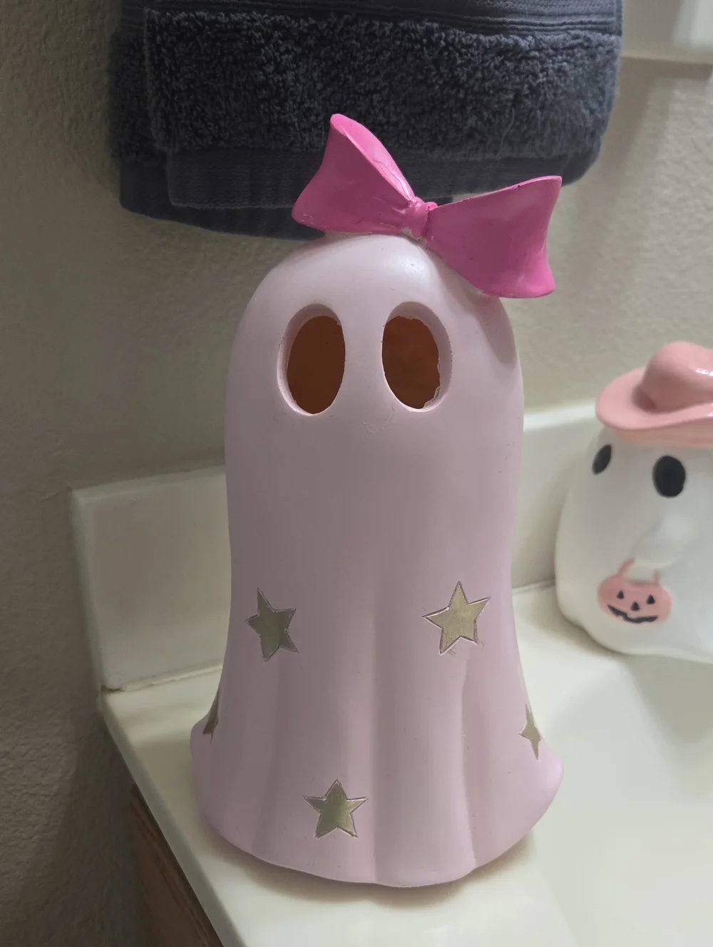 Pink Bow Ghost Holiday Figurine - Cute Pastel Holiday Decor